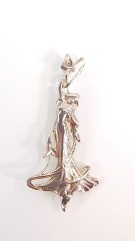 A Neo Classical design silver pendant brooch, of a lady with lilies, marked 925, 10g, 7cm high, boxed.