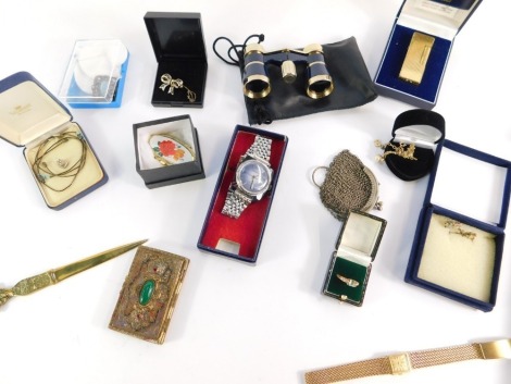 A group of costume jewellery, gold plated necklaces, rolled gold bangle, binoculars, trinket boxes, a gold plated bow brooch, etc. (1 tray)