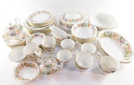 A Paragon porcelain Country Lane pattern part tea and dinner service, to include two tureens and lids, cups and saucers, milk jug, sugar bowl, miniature teapot, gravy boats, bowls, side plates, etc. (2 trays)