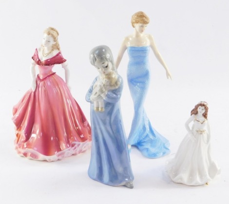 A group of porcelain figures, comprising a Coalport Belinda Ladies of Fashion, Royal Doulton Diana Princess of Wales, and a Coalport lady Savannah, and a Spanish porcelain figure, unmarked. (4)