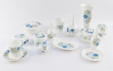 A group of Wedgwood porcelain decorated in the Clementine pattern, to include pin dishes, jars and covers, trinket boxes, cups and saucers, bells, etc. (1 tray)