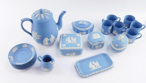 A group of Wedgwood blue Jasperware, to include coffee cans and saucers, trinket dishes, milk jug, teapot, etc. (1 tray)