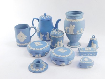 A group of Wedgwood blue Jasperwares, to include candle stand, bell, trinket boxes, teapots, vase, tankard, etc. (1 tray)