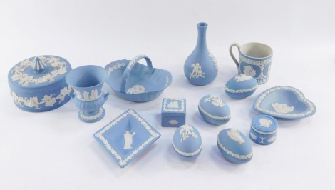 A group of Wedgwood blue Jasperware, to include four egg shaped trinket boxes, heart shaped pin dish, Neo Classical design tankard, bud vase, etc. (1 tray)