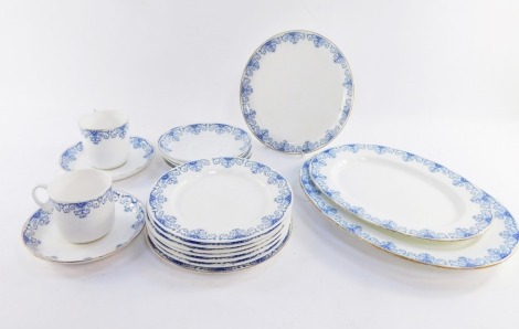 A Royal Worcester late 19thC blue and white porcelain part breakfast service, comprising a two piece graduated set, two cups and saucers, side plates and dinner plates, (a quantity)