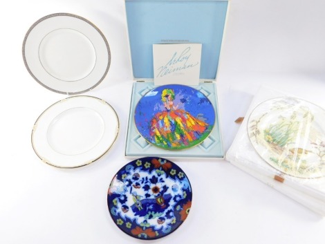 A group of plates, comprising a Burslem Royal Staffordshire pottery blue mottled finished plate, a Wedgwood Plaatia plate with Greek key border, a Cavendish plate, a cased Royal Doulton Columbine plate, and a Caverswall England February plate, two boxed. 