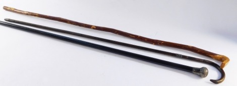 Three walking sticks, comprising a Victorian ebony walking stick with silver knop, London 1901, a bamboo cane with silver collar, and a rough hewn wooden stick., longest 92cm. (3)