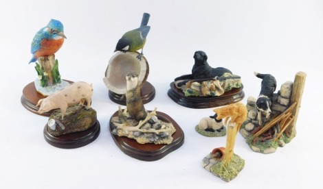 A group of Border Fine Arts figure groups, comprising a Scottish Border Fine Arts black Labrador hunting group on wooden plinth, a Border Collie jumping fence, a cat, a Suffolk lamb, a otter, and three unmarked figure groups, two of birds, one with a pig.