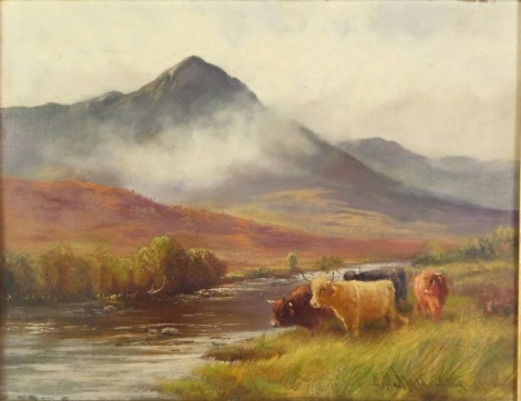 Henry Hadfield Cubley (British, 1858-1934). Highland cattle in mountainous landscape, oil on board, signed, 35cm x 43cm.