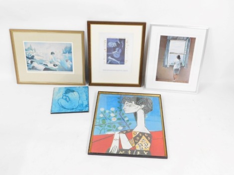 A group of Salvador Dali and Picasso prints, comprising Athena Productions blue woman, after Salvador Dali Museum collection Muchacha Frente A La Ventana print, Pablo Picasso Spanish 1881 The Blue Guitar, Georges Seurat bathing at Asnieres, and a portait 