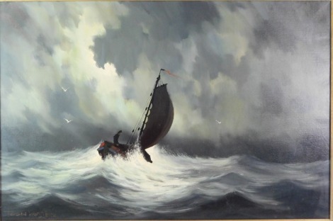 Toon Koster (Dutch, 1913-89). Fishing vessel in rough seas, oil on canvas, 60cm x 90cm.