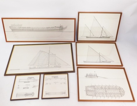 A group of pencil sketches relating to ship and ship builds, some signed Pusterla, dated 2000 onwards, each in modern frames. (7)