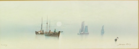 Garman Morris (British, early 20thC). Evening, ships on calm waters, watercolour, signed, 18cm x 51cm.