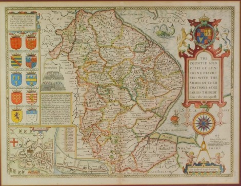 After Jodocus Hondius - 'The Countie and Citie of Lyncolne described with the Armes of Them that have bene Earles Thereof since the Conquest', hand-coloured map bearing town plan for Lincoln and coats of arms, the description of Lincolnshire, published by