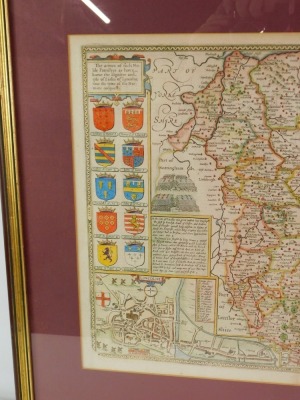 After Jodocus Hondius - 'The Countie and Citie of Lyncolne described with the Armes of Them that have bene Earles Thereof since the Conquest', hand-coloured map bearing town plan for Lincoln and coats of arms, the description of Lincolnshire, published by - 3