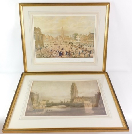 Two framed prints of Boston, to include The Boston May Sheep Fair, after George Northhouse, 39cm x 50cm, framed and glazed, and another print of Boston bridge and stump, 36cm x 54cm, framed and glazed. (2)