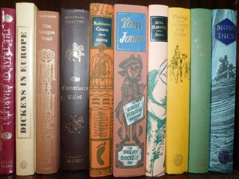 A group of Folio Society books, comprising Dickens in Europe, The Oregon Trail, Canterbury Tales, Robinson Crusoe, Tom Jones, Moll Flanders, Kipling Twenty One Tales, Moby Dick, Gullivers Travels, and The Trial of Charles I Folio Press. (10)