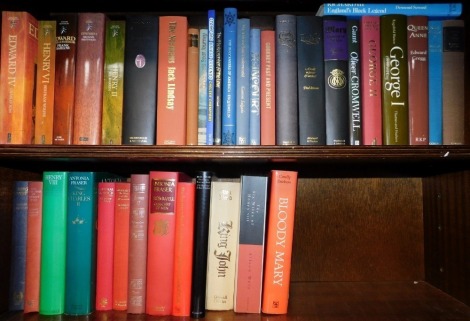 A group of English Monarch books, to include The Part English Monarchs by Methuen Series, Oliver Cromwell, Queen of Scots, Queen Anne, George III, Richard III, Charles II, King John and others. (1½ shelves)