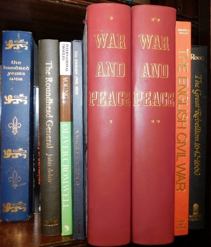 A group of war related books, to include The Hundred Years of War, Oliver Cromwell International Profiles, War and Peace 2 volumes, English Civil War, The Great Rebellion 1642-1660, Penguin Dictionary of Surnames, etc. (9)