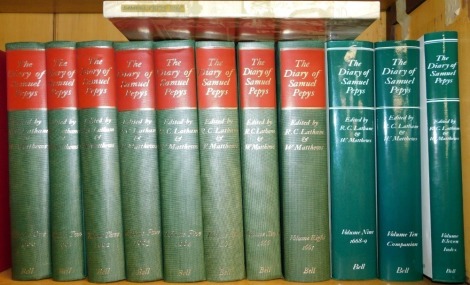 Eleven volumes of Bell's The Diary of Samuel Pepys, edited by RC Latham and W Matthews, together with a Samuel Peeps esq coloured reference book from 1970. (12)