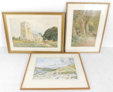 Three watercolours, comprising Rose Wattscliff. Gathering Storm, Egdale Valley, Derbyshire, 25cm x 35cm, A Challiss. Church scene, signed and titled 1901, 35cm x 47cm and an H E Grace Keymer. Hassocks, West Sussex country scene, signed, 40cm x 25cm.