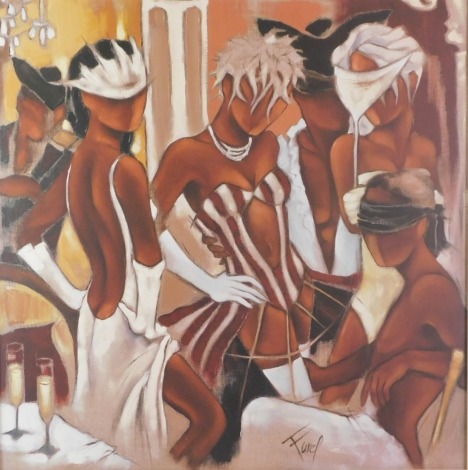 After Farep. Three figures at masquerade ball, print on board, in modern frame, 70cm x 68cm.