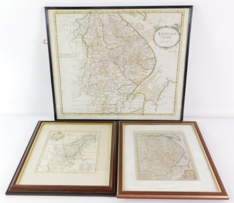 Three framed maps, comprising After Robert Morden, Lincolnshire, 39cm x 46cm, a map of Lincolnshire after Thomas Kitchin, 19cm x 18cm, and a Northamptonshire map after Emanuel Bowen, 23cm x 17.5cm,