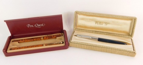 Two cased pen sets, comprising a Penquest two pen biro set, and a Parker 51 fountain pen, boxed.