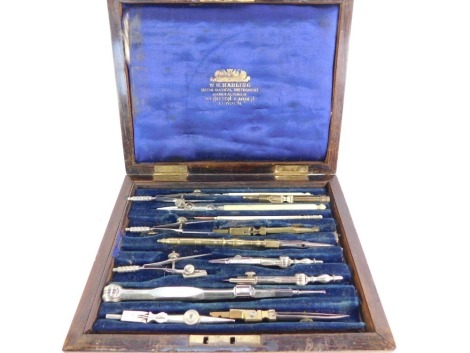 A W H Harling Mathematical Instrument cased drawing instrument set, manufacturer Thornton, 40 Hatton Garden, London, in a rosewood case, with brass key escutcheon, 6cm high, 21cm wide, 16cm deep.