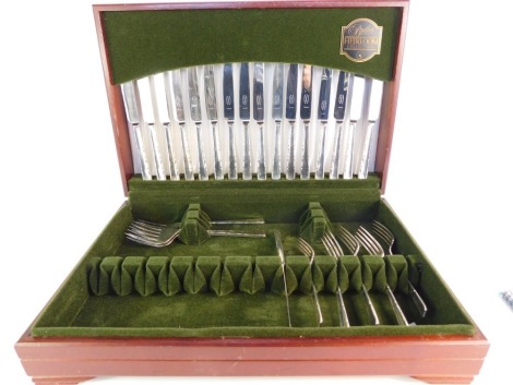 A Butler of Sheffield Heirloom Collection part canteen of cutlery, with silver plated handles, on stainless steel blades, with six piece setting, knives complete, and five forks, three fish servers and an additional knife, in fitted case.