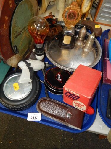 Household effects, car ornaments, replica pistol, key safe, mantel clock, buttons, etc. (3 trays)