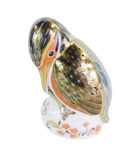 A Royal Crown Derby Imari Kingfisher paperweight, sat on perch, silver stopper, No LVI, 12cm high, boxed.