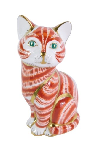 A Royal Crown Derby Imari cat paperweight, seated, silver stopper, No LIII, 14cm high, boxed.