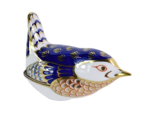 A Royal Crown Derby wren paperweight, seated, with gold stopper, No XLIX, 9cm wide, boxed.