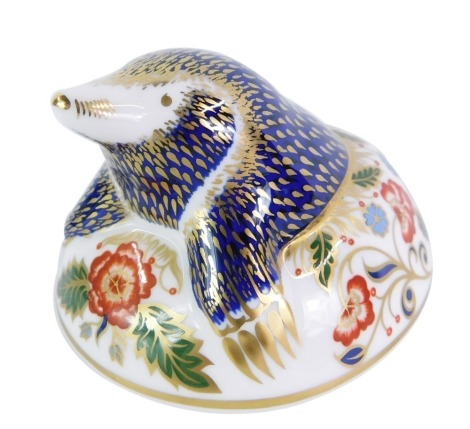 A Royal Crown Derby mole paperweight, exclusive for the Royal Crown Derby Collector's Guild 1994, with silver stopper, 6cm high, boxed.