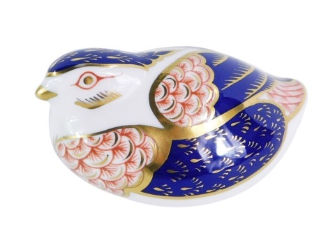 A Royal Crown Derby partridge paperweight, with gold stopper, 7cm high, boxed.