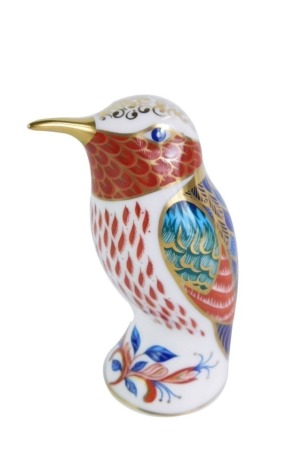 A Royal Crown Derby Kingfisher paperweight, silver stopper, 10cm high, boxed.