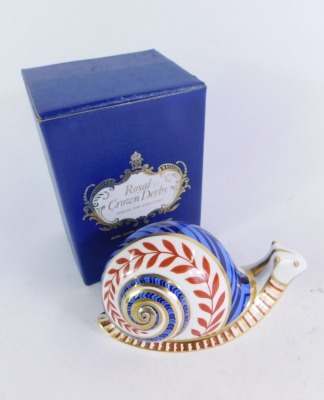 A Royal Crown Derby snail paperweight, silver stopper, 8cm high, boxed. - 3