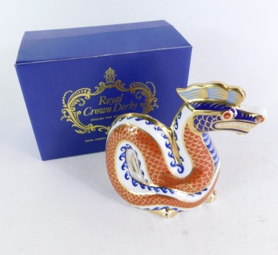 A Royal Crown Derby dragon paperweight, gold stopper, 11.5cm high, boxed. - 3