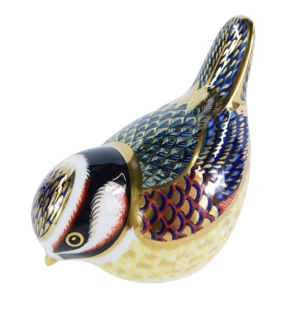 A Royal Crown Derby gold crest paperweight, silver stopper, 7.5cm high, boxed.