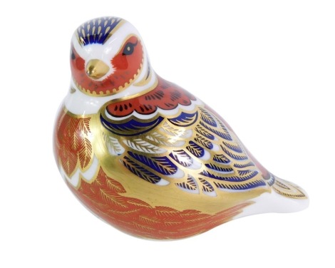 A Royal Crown Derby chaffinch paperweight, silver stopper, 8cm high, boxed.