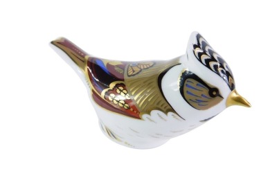 A Royal Crown Derby Collector's Guild Crested Tit paperweight, dated 2001, gold stopper, 6cm high.