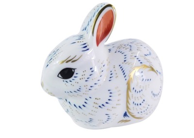 A Royal Crown Derby Bunny paperweight, Collector's Guild Edition, gold stopper, 7cm high.