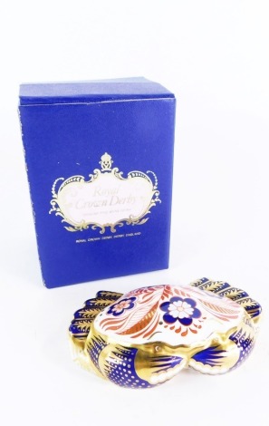 A Royal Crown Derby crab paperweight, silver stopper, 12cm wide, boxed.