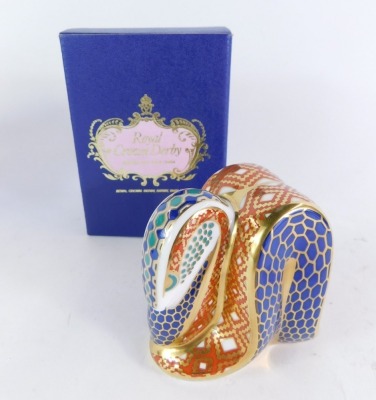 A Royal Crown Derby snake paperweight, silver stopper, 8cm high, boxed. - 2