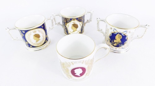 A group of Royal Crown Derby commemorative tankards, comprising The 90th Birthday HM Queen Elizabeth The Queen Mother, limited edition 273/500, boxed with certificate, Wedgwood commemorative 40th Anniversary of Accession To The Throne of HM Queen Elizabet