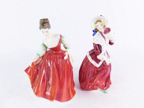 Two Royal Doulton ladies, comprising Christmas Morn HN1992, and Fair Lady (red) HN2832, 19cm high.