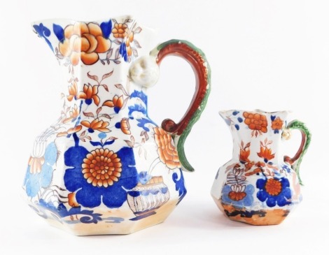 Two Mason's 19thC Imari pattern graduated ironstone hydra jugs, printed marks, 20cm high and 12cm high respectively.