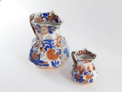 Two Mason's 19thC Imari pattern graduated ironstone hydra jugs, printed marks, 20cm high and 12cm high respectively. - 2