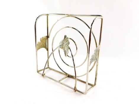 A Silea mid century silver plated napkin holder, with three leaf cast sections, 6cm high, 22cm wide, 22cm deep.
